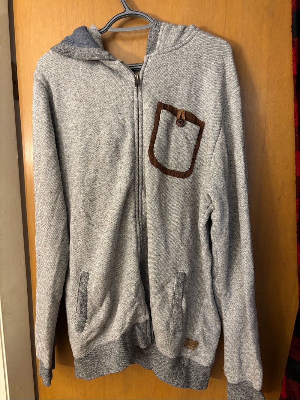 Billabong Gray Zip-Up Hoodie with Brown Trim Pocket